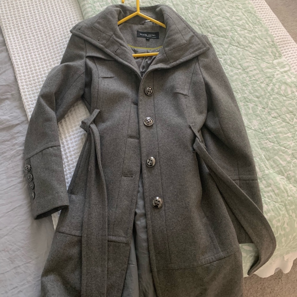 Black Rivet Grey Long Peacoat